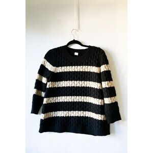 J. Crew Black Beige Striped sweater Merino Wool Cable Knit Sleeve M 3/4 sleeve